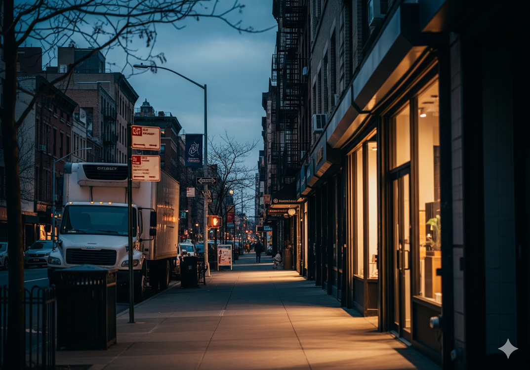 A somber New York street with an unmarked refrigerated truck at dusk.