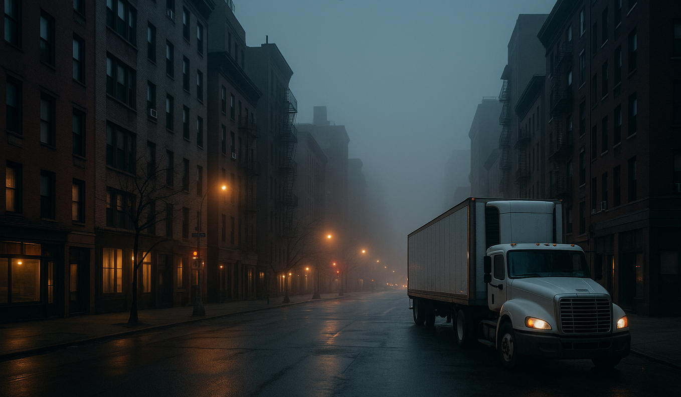 Somber New York street at dusk with an unmarked refrigerated truck.